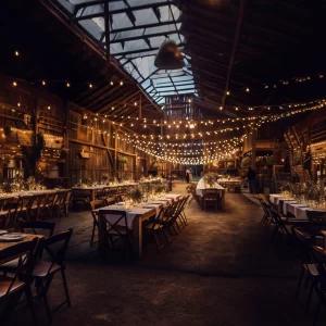 Lighting - Cafe Lights - PP - Studio 1 Decor Wedding Decor Rental cafe lights hung in a barn above tables covered in elegant table clothes with beautiful cloth napkins, glass votives candles, and draping.
