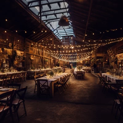 Wedding Decor Rental cafe lights hung in a barn above tables covered in elegant table clothes with beautiful cloth napkins, glass votives candles, and draping.