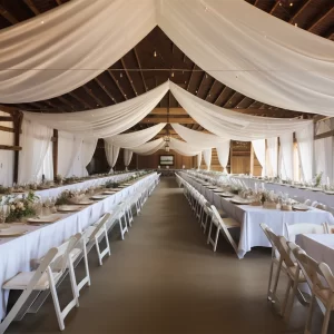 Draping - Ceiling Draping - PP - Studio 1 Decor Wedding Decor Rental - Ceiling draping above beautiful tables with white linens, gold chargers, linen napkins, pillar candles, glass votives candles.