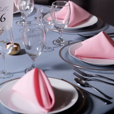 Wedding Decor Rental - Light Blue table Polyester Linen with clear charger with gold rim below a pink napkin