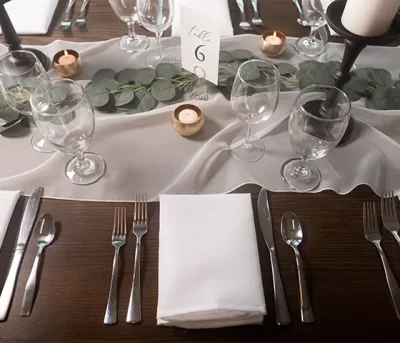 Wedding Decor Rental - Chiffon Table Runner, Gold Table Number Stands, Gold Votives, Votive Candles, Polyester Napkins